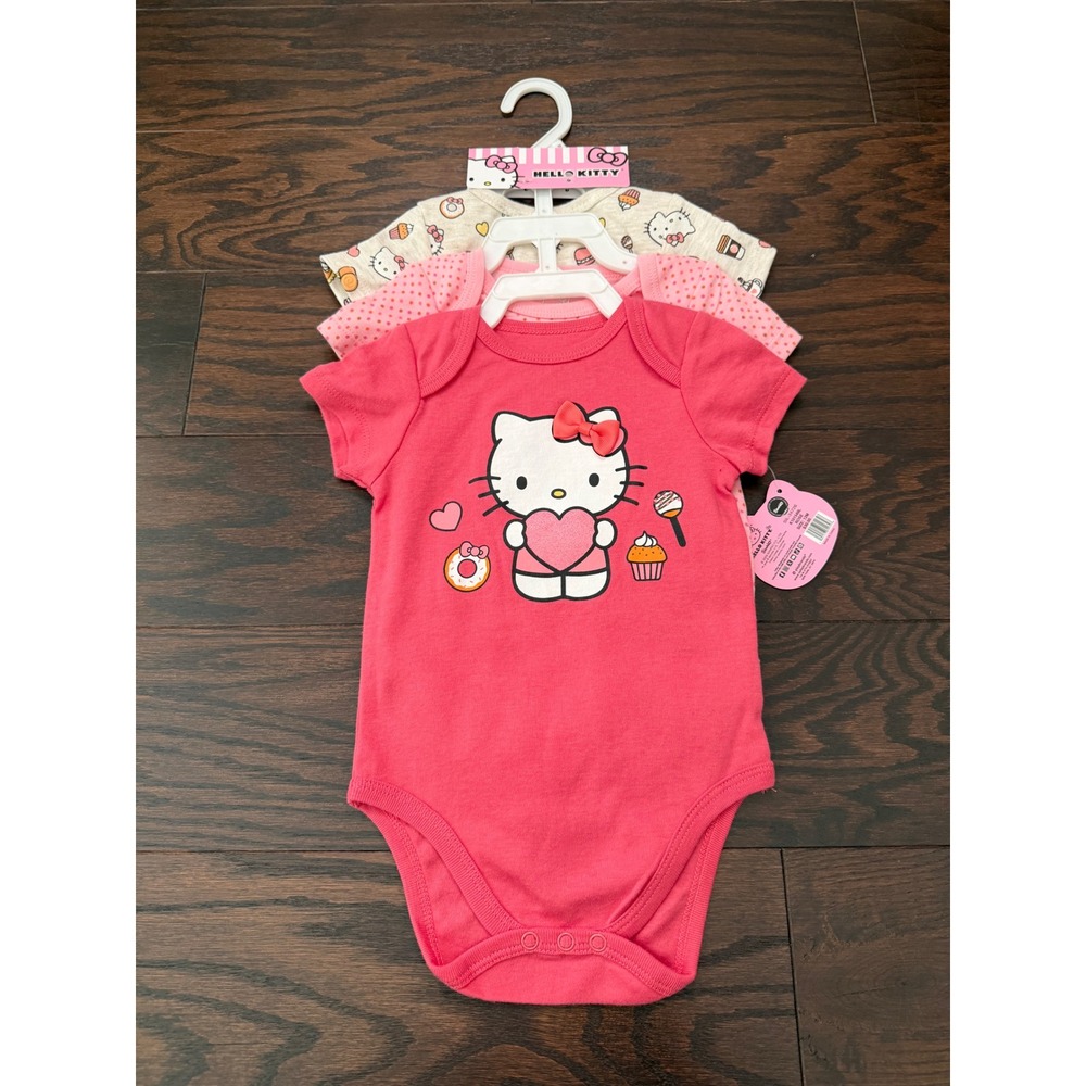 Hello Kitty Sanrio Baby Girls 3 Pack Bodysuits Pink Cream 12M SIL-34726 NWT